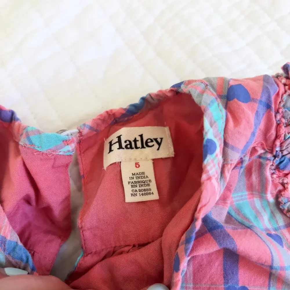 Hatley Pink & Blue Plaid Dress Heart Print Girls Size 5 Cotton